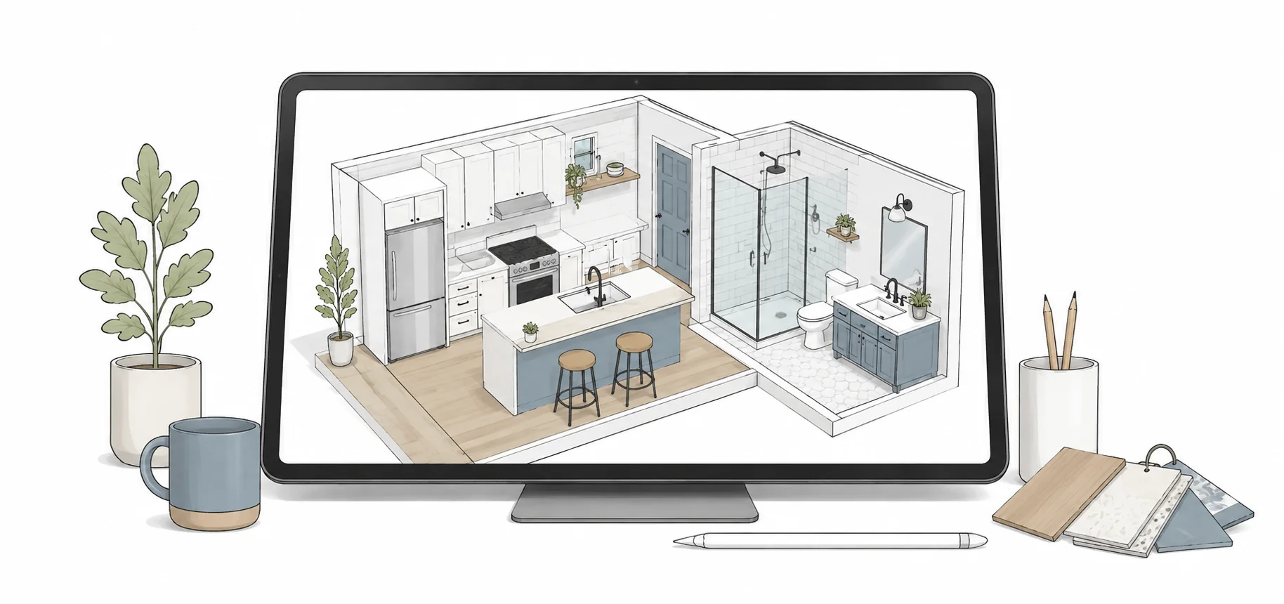 3D kitchen and bathroom design on screen