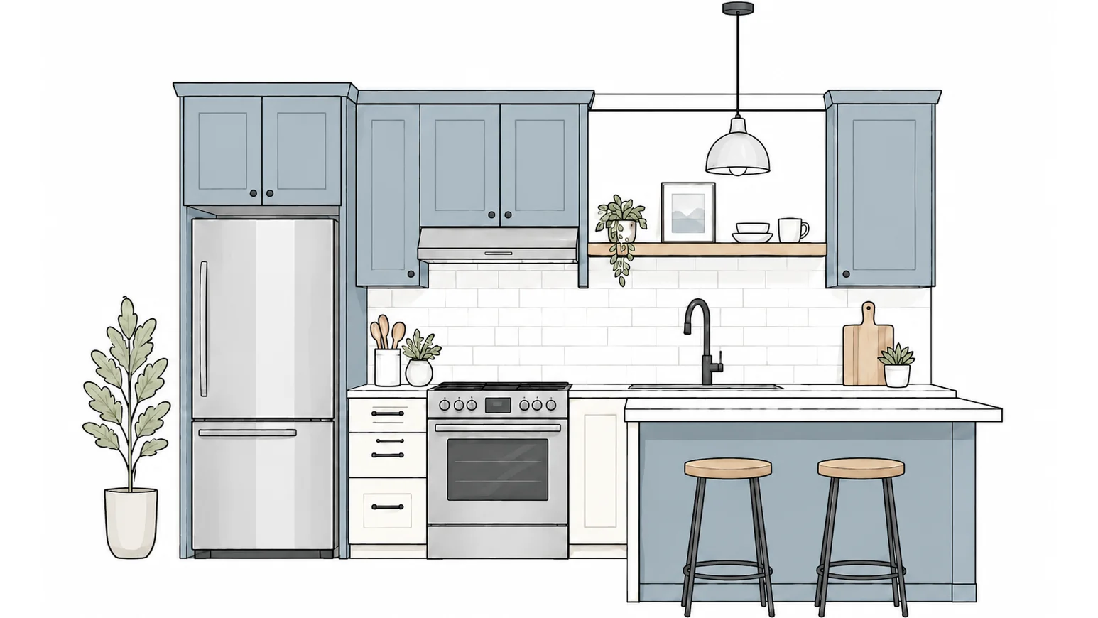 Compact ADU kitchen with blue-gray cabinets and breakfast bar