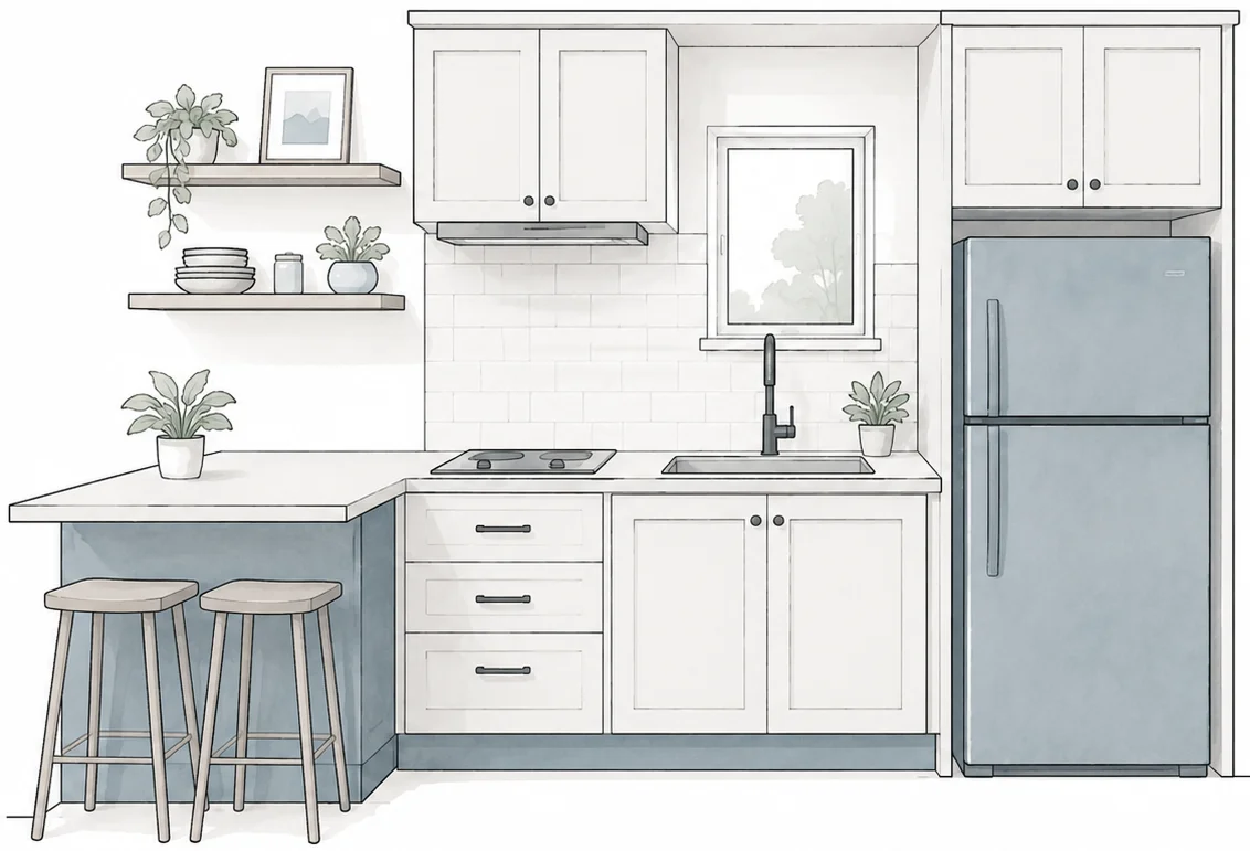 Compact ADU kitchen design with shaker cabinets and breakfast bar