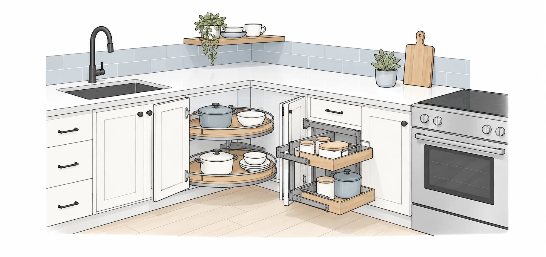 Corner cabinet with lazy susan and pull-out storage