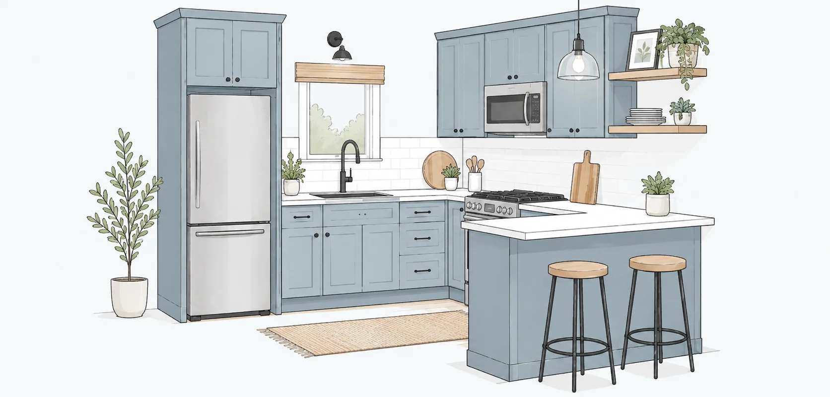 L-shaped ADU kitchen layout with island and blue-gray cabinets