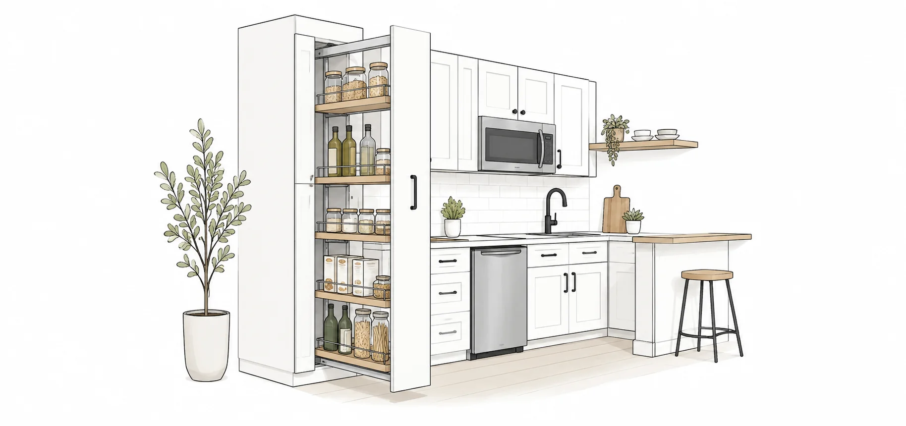 Pull-out pantry cabinet in compact kitchen