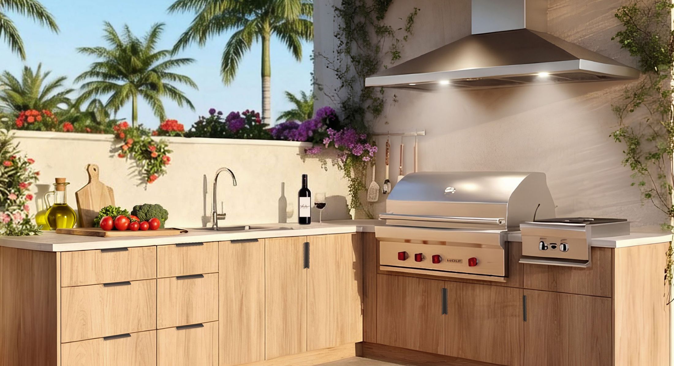 Outdoor kitchen with weatherproof woodgrain cabinetry, stainless hood, and built-in grill beneath a veranda
