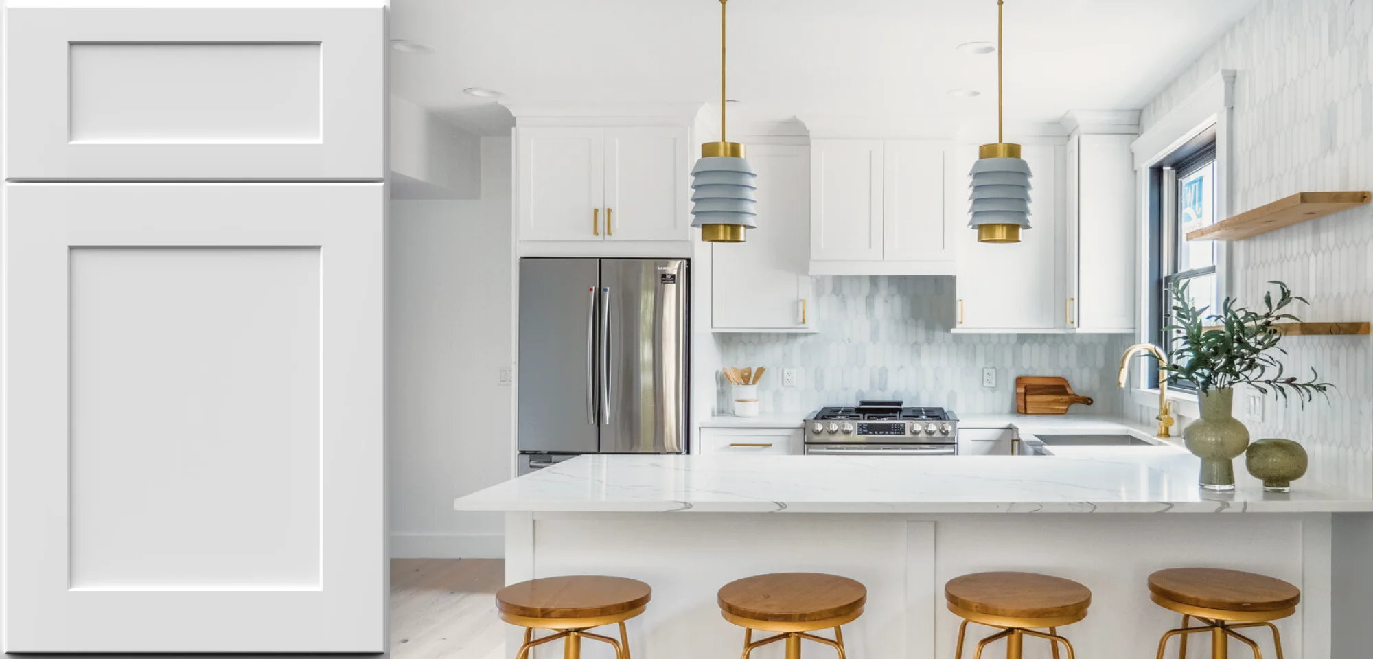 Cool white shaker kitchen with marble backsplash and crisp white cabinets