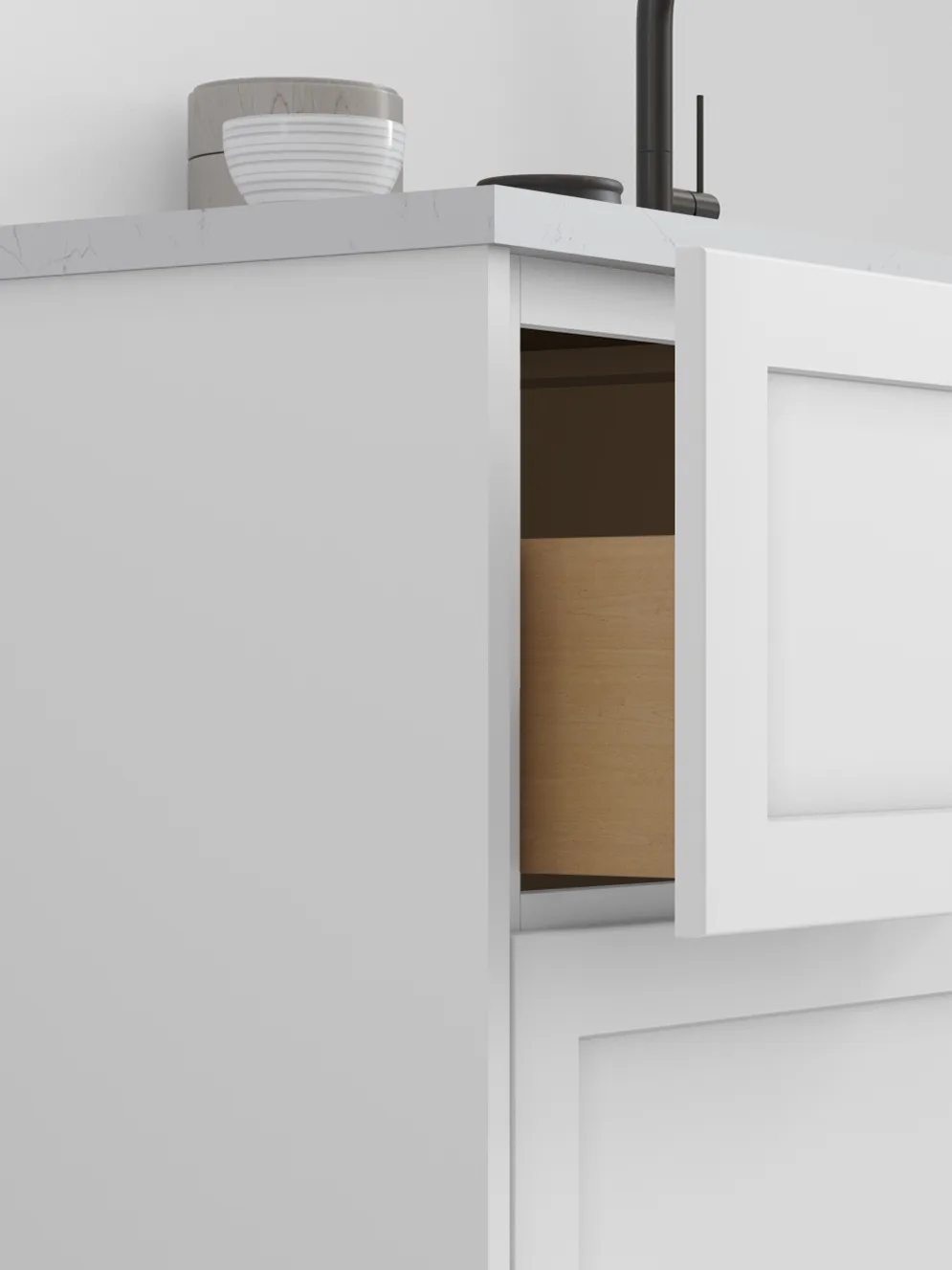 Shaker cabinet door open showing plywood interior