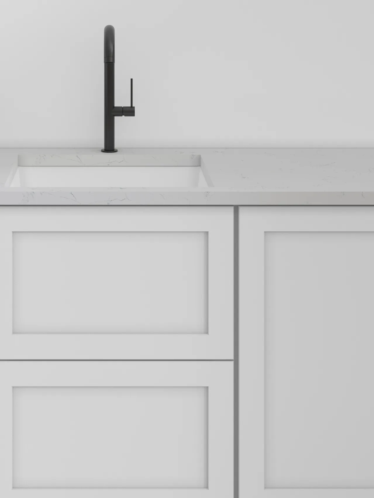 Shaker cabinets with sink and matte black faucet