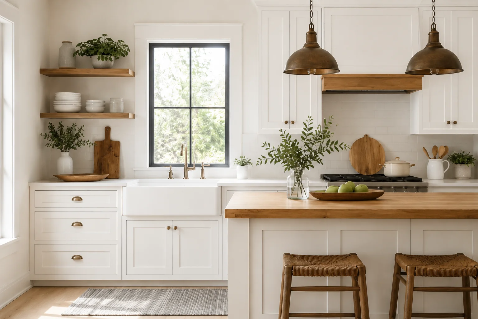 Modern farmhouse white shaker kitchen with open shelving and farmhouse sink