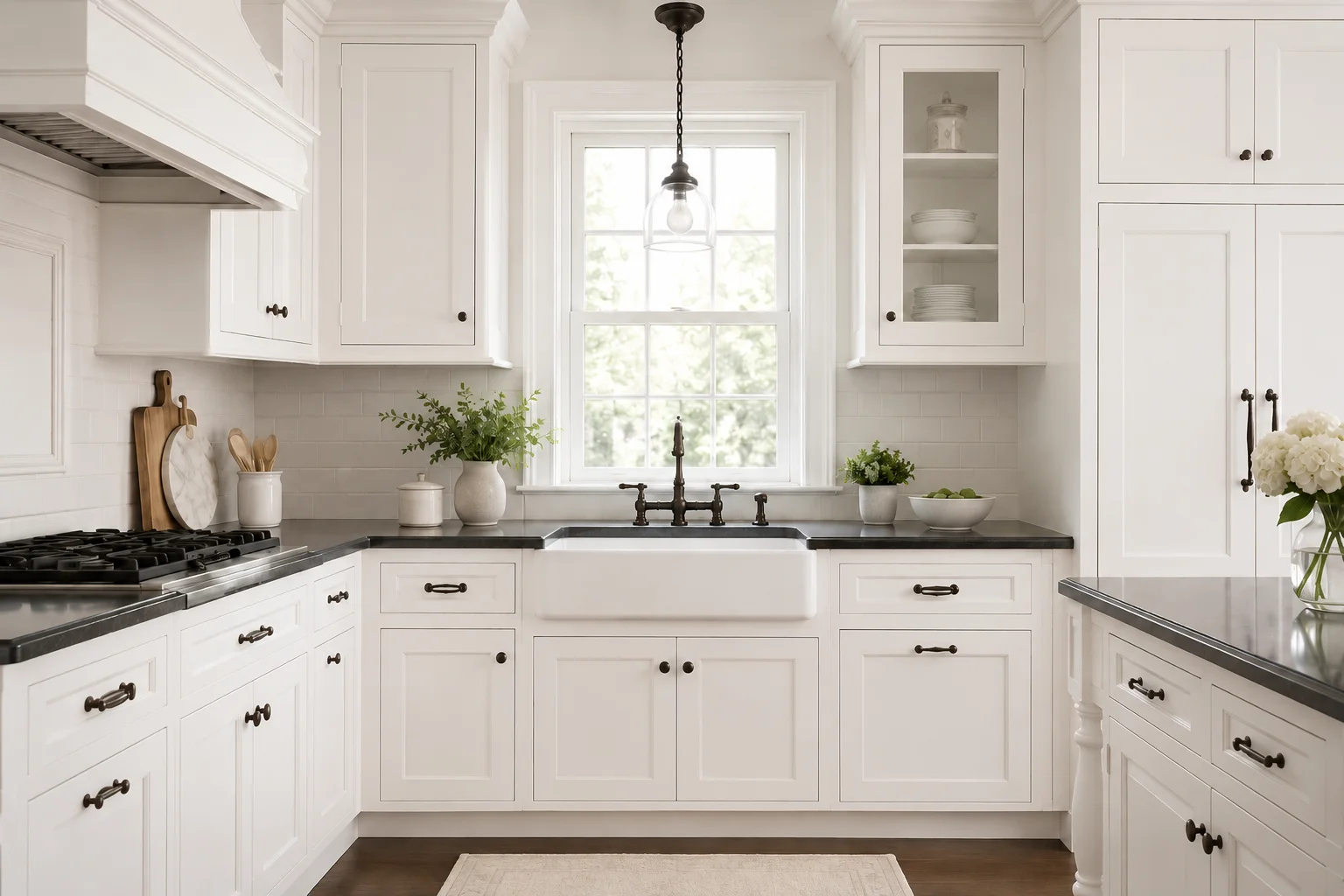 Traditional white shaker kitchen with crown molding and oil-rubbed bronze hardware