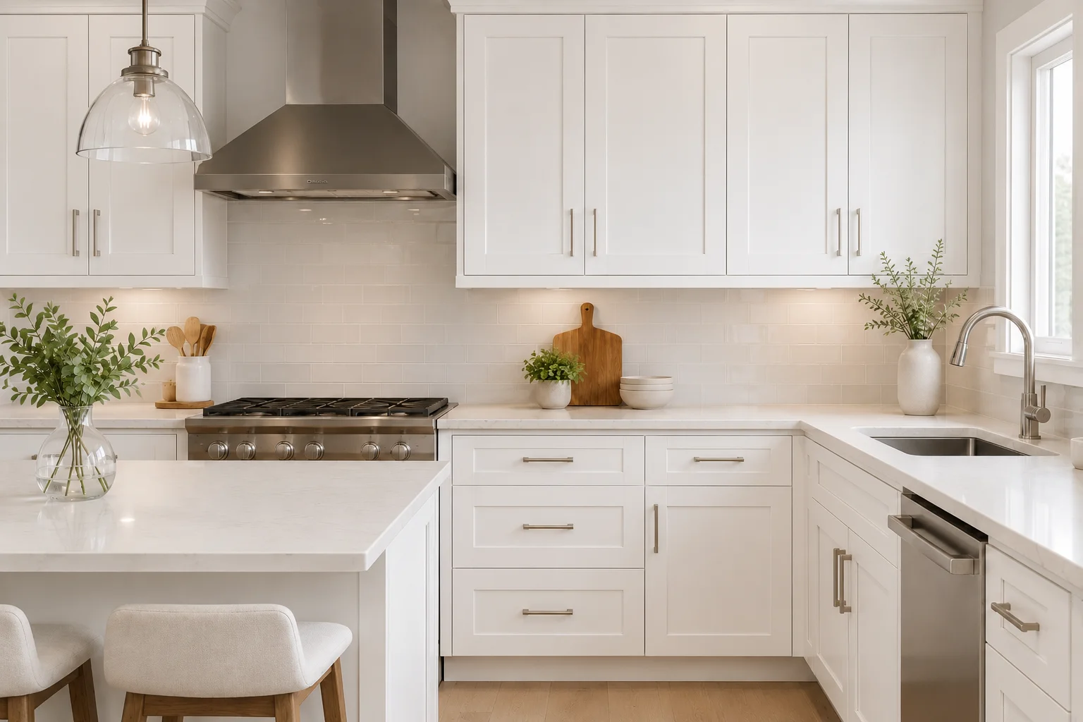 Transitional white shaker kitchen with brushed nickel hardware and clean lines