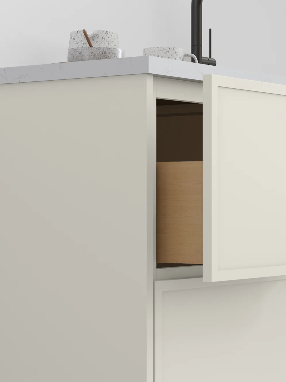 Slim shaker cabinet door open showing plywood interior