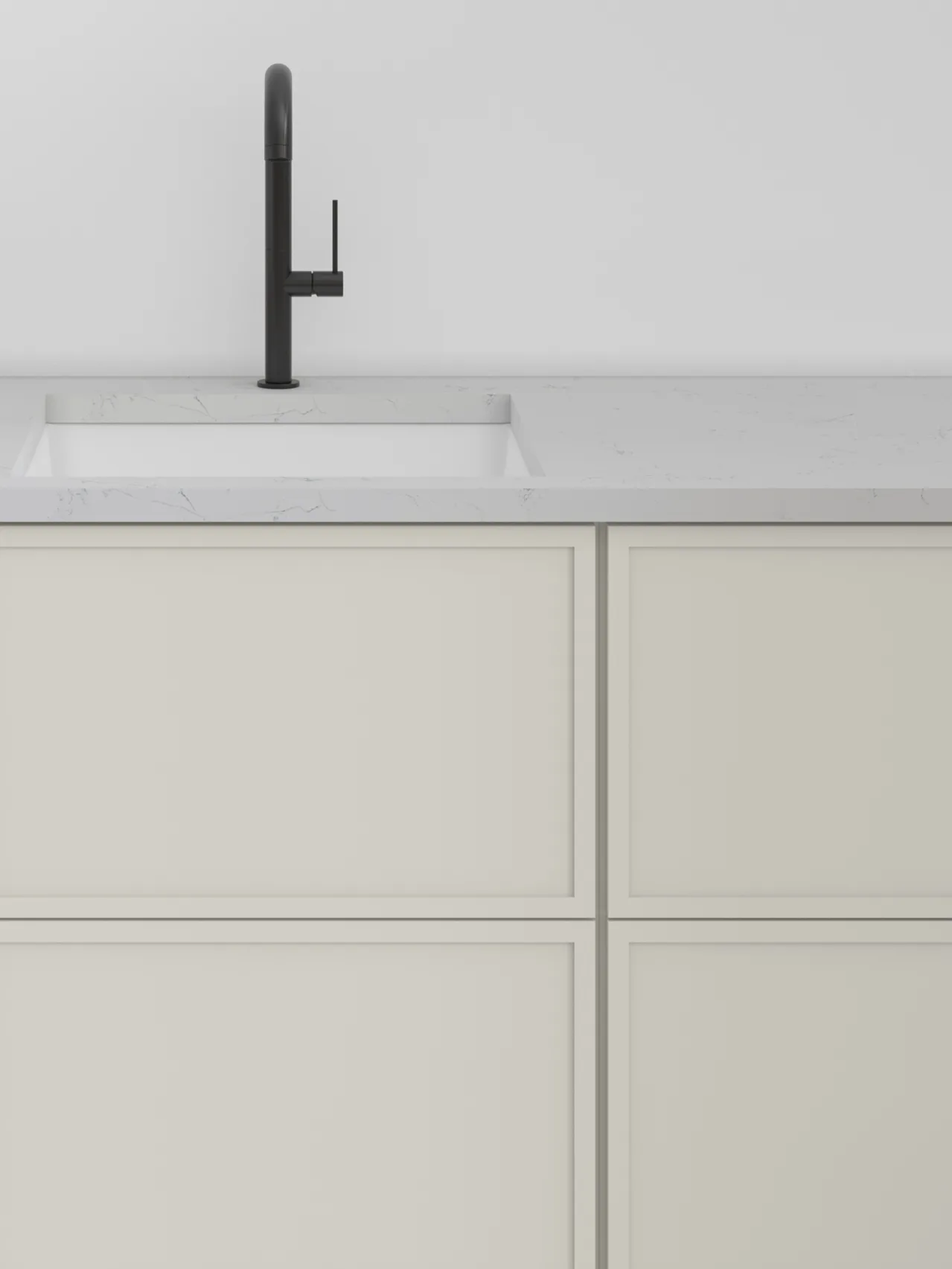 Slim shaker cabinets with sink and matte black faucet